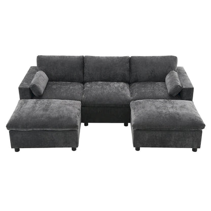 Canapé d'angle modulable en forme de U avec poches de rangement, coussins et pouf