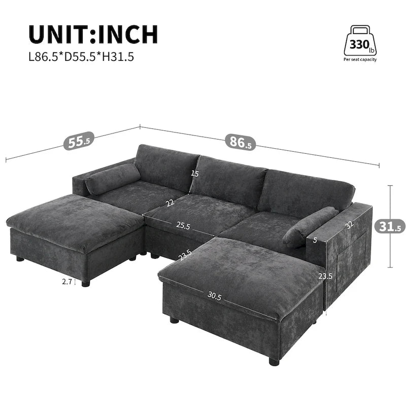 Canapé d'angle modulable en forme de U avec poches de rangement, coussins et pouf