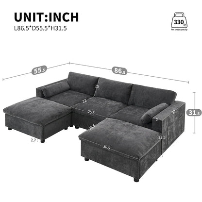 Canapé d'angle modulable en forme de U avec poches de rangement, coussins et pouf