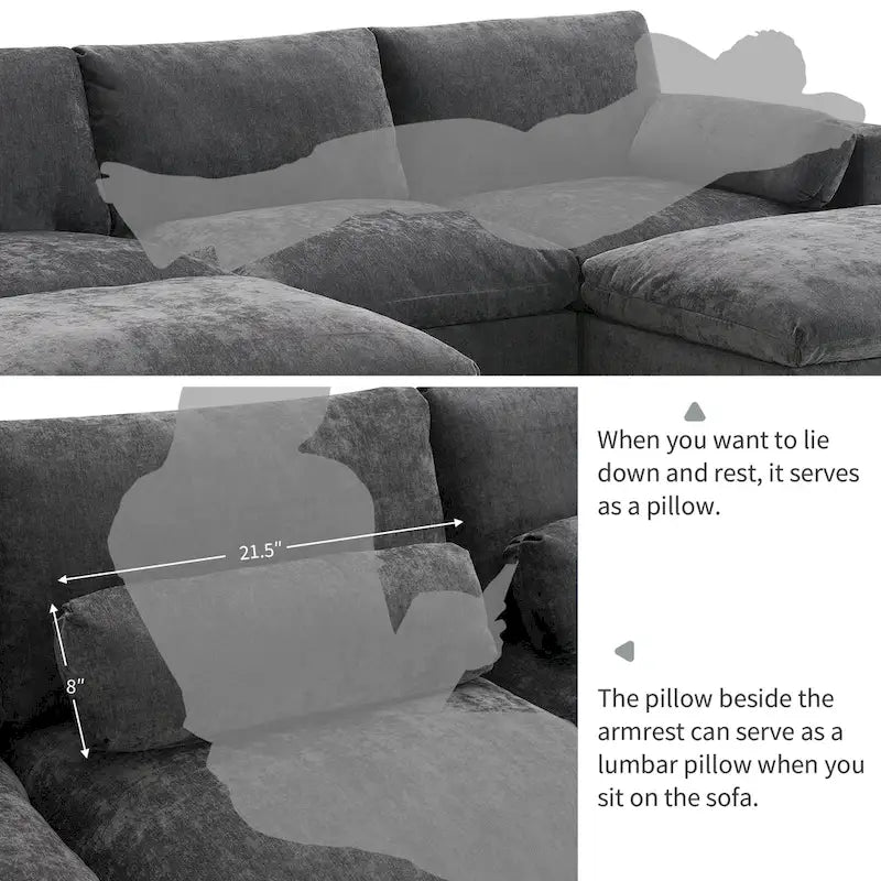 Canapé d'angle modulable en forme de U avec poches de rangement, coussins et pouf