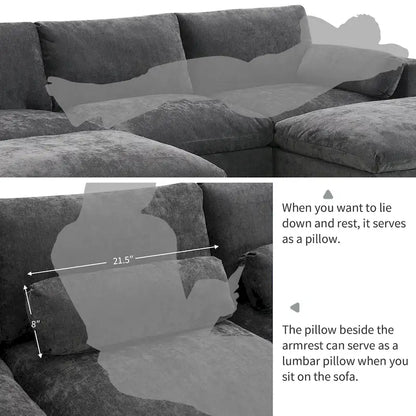 Canapé d'angle modulable en forme de U avec poches de rangement, coussins et pouf