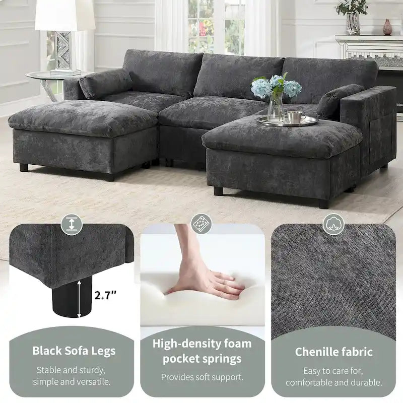 Canapé d'angle modulable en forme de U avec poches de rangement, coussins et pouf