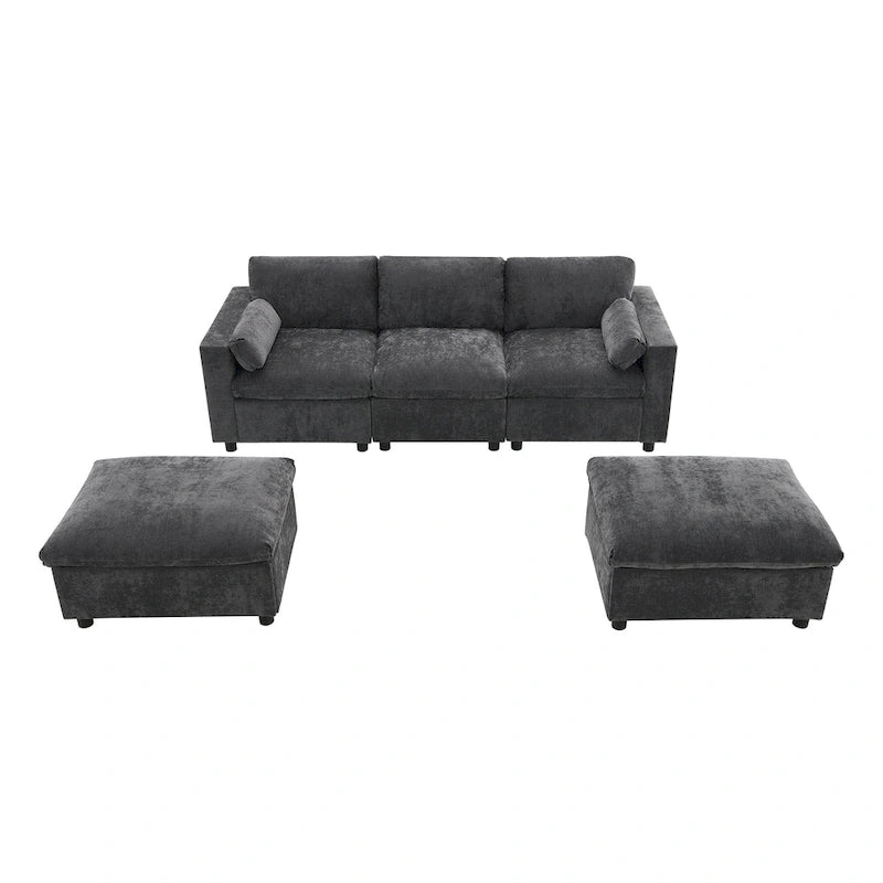 Canapé d'angle modulable en forme de U avec poches de rangement, coussins et pouf
