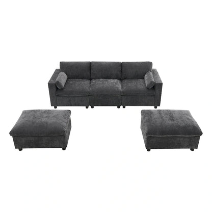 Canapé d'angle modulable en forme de U avec poches de rangement, coussins et pouf