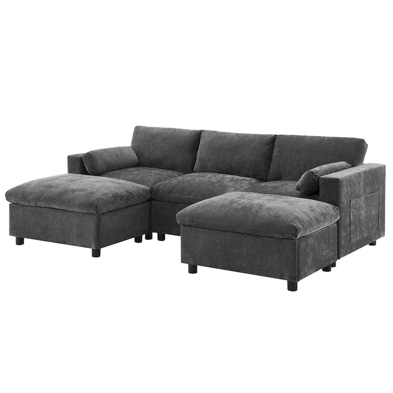 Canapé d'angle modulable en forme de U avec poches de rangement, coussins et pouf
