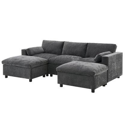 Canapé d'angle modulable en forme de U avec poches de rangement, coussins et pouf