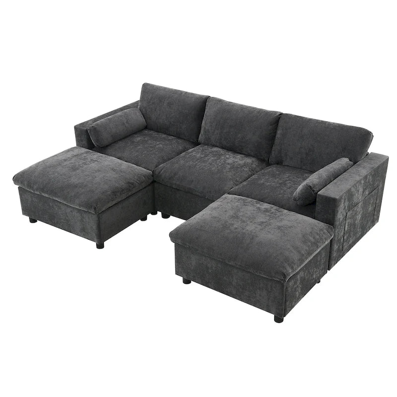 Canapé d'angle modulable en forme de U avec poches de rangement, coussins et pouf