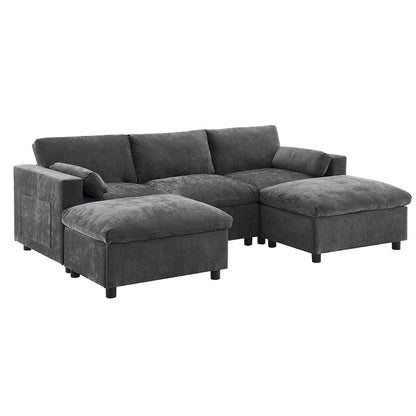 Canapé d'angle modulable en forme de U avec poches de rangement, coussins et pouf