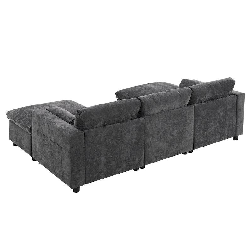 Canapé d'angle modulable en forme de U avec poches de rangement, coussins et pouf
