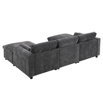 Canapé d'angle modulable en forme de U avec poches de rangement, coussins et pouf
