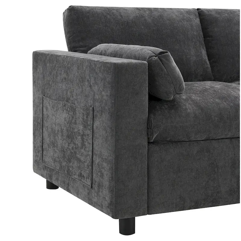 Canapé d'angle modulable en forme de U avec poches de rangement, coussins et pouf