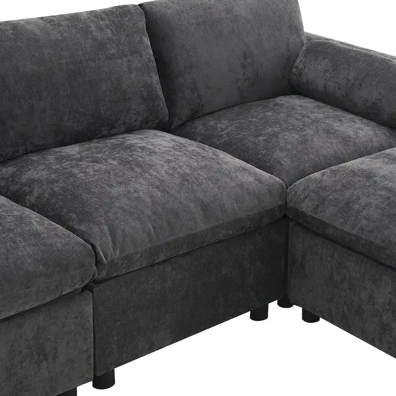 Canapé d'angle modulable en forme de U avec poches de rangement, coussins et pouf