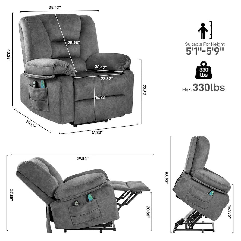 Fauteuil releveur électrique moderne, canapé de massage individuel avec chauffage lombaire et minuterie pour personnes âgées