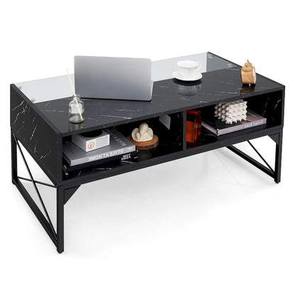 Table basse Gymax à éclairage LED brillant avec plateau en faux marbre et verre trempé