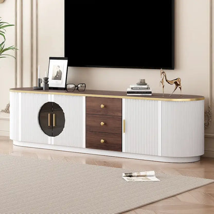 Meuble TV incurvé de 70,8 cm avec 3 tiroirs et 3 portes, meuble TV décoratif pour téléviseurs jusqu'à 80 pouces. Console multimédia.