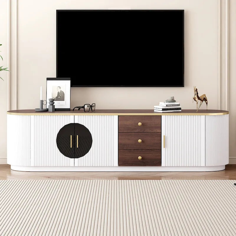 Meuble TV incurvé de 70,8 cm avec 3 tiroirs et 3 portes, meuble TV décoratif pour téléviseurs jusqu'à 80 pouces. Console multimédia.
