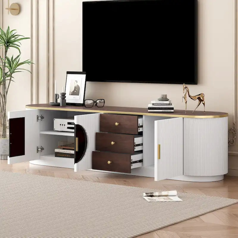 Meuble TV incurvé de 70,8 cm avec 3 tiroirs et 3 portes, meuble TV décoratif pour téléviseurs jusqu'à 80 pouces. Console multimédia.