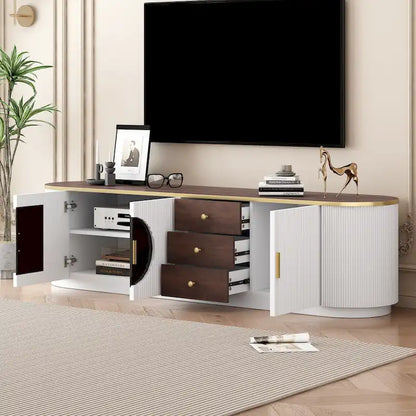 Meuble TV incurvé de 70,8 cm avec 3 tiroirs et 3 portes, meuble TV décoratif pour téléviseurs jusqu'à 80 pouces. Console multimédia.