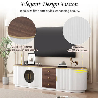 Meuble TV incurvé de 70,8 cm avec 3 tiroirs et 3 portes, meuble TV décoratif pour téléviseurs jusqu'à 80 pouces. Console multimédia.