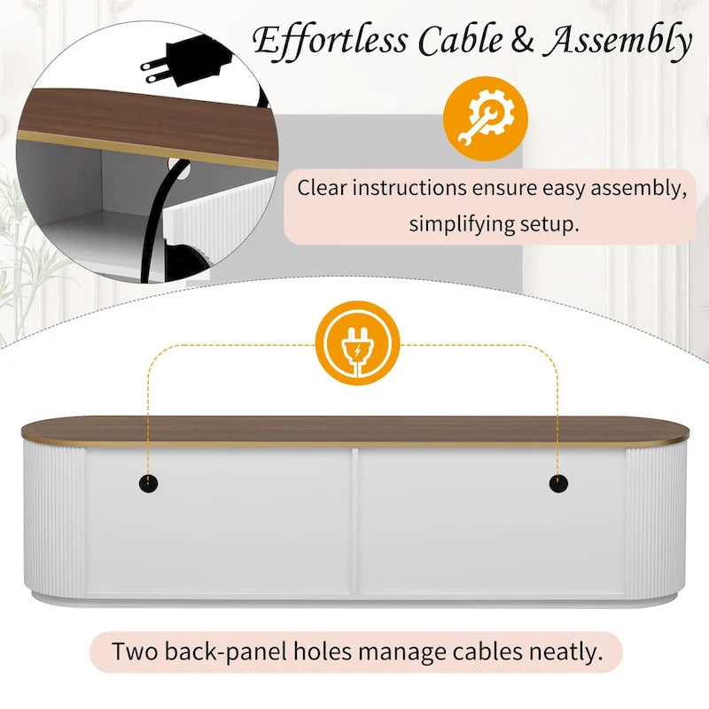 Meuble TV incurvé de 70,8 cm avec 3 tiroirs et 3 portes, meuble TV décoratif pour téléviseurs jusqu'à 80 pouces. Console multimédia.