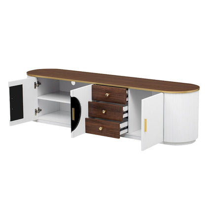 Meuble TV incurvé de 70,8 cm avec 3 tiroirs et 3 portes, meuble TV décoratif pour téléviseurs jusqu'à 80 pouces. Console multimédia.