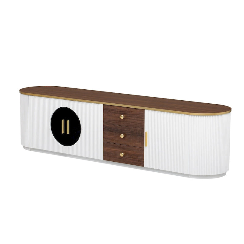 Meuble TV incurvé de 70,8 cm avec 3 tiroirs et 3 portes, meuble TV décoratif pour téléviseurs jusqu'à 80 pouces. Console multimédia.