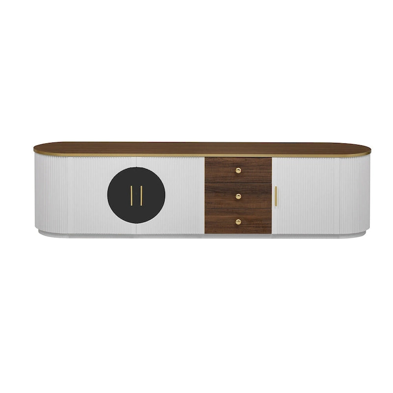 Meuble TV incurvé de 70,8 cm avec 3 tiroirs et 3 portes, meuble TV décoratif pour téléviseurs jusqu'à 80 pouces. Console multimédia.
