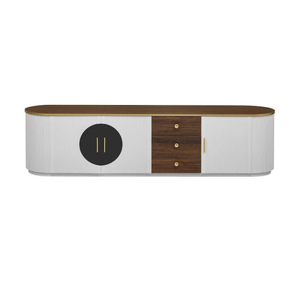 Meuble TV incurvé de 70,8 cm avec 3 tiroirs et 3 portes, meuble TV décoratif pour téléviseurs jusqu'à 80 pouces. Console multimédia.