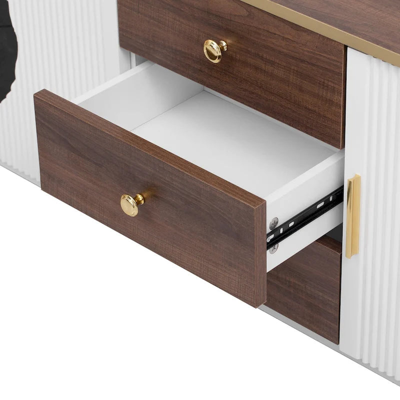 Meuble TV incurvé de 70,8 cm avec 3 tiroirs et 3 portes, meuble TV décoratif pour téléviseurs jusqu'à 80 pouces. Console multimédia.