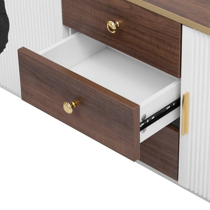Meuble TV incurvé de 70,8 cm avec 3 tiroirs et 3 portes, meuble TV décoratif pour téléviseurs jusqu'à 80 pouces. Console multimédia.