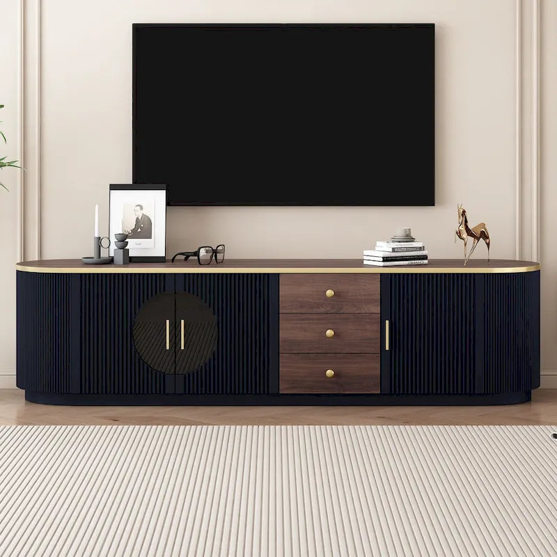 Meuble TV incurvé de 70,8 cm avec 3 tiroirs et 3 portes, meuble TV décoratif pour téléviseurs jusqu'à 80 pouces. Console multimédia.