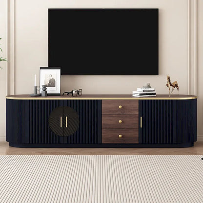 Meuble TV incurvé de 70,8 cm avec 3 tiroirs et 3 portes, meuble TV décoratif pour téléviseurs jusqu'à 80 pouces. Console multimédia.