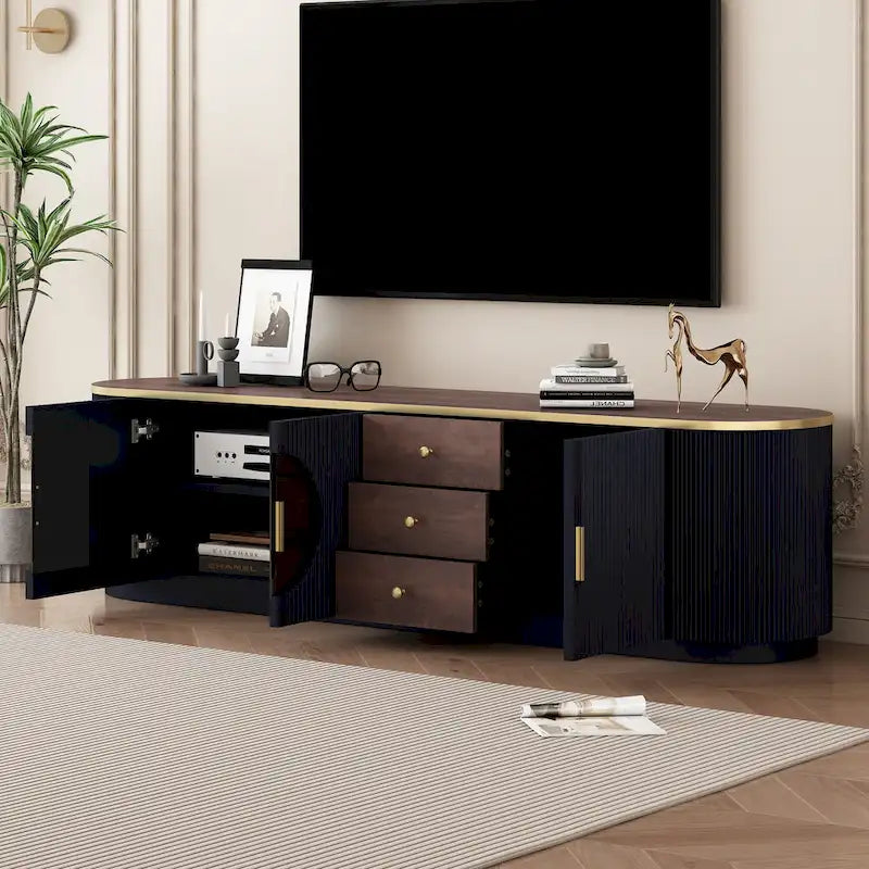 Meuble TV incurvé de 70,8 cm avec 3 tiroirs et 3 portes, meuble TV décoratif pour téléviseurs jusqu'à 80 pouces. Console multimédia.