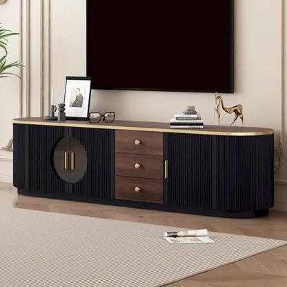 Meuble TV incurvé de 70,8 cm avec 3 tiroirs et 3 portes, meuble TV décoratif pour téléviseurs jusqu'à 80 pouces. Console multimédia.