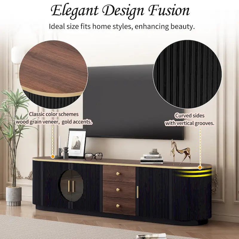 Meuble TV incurvé de 70,8 cm avec 3 tiroirs et 3 portes, meuble TV décoratif pour téléviseurs jusqu'à 80 pouces. Console multimédia.