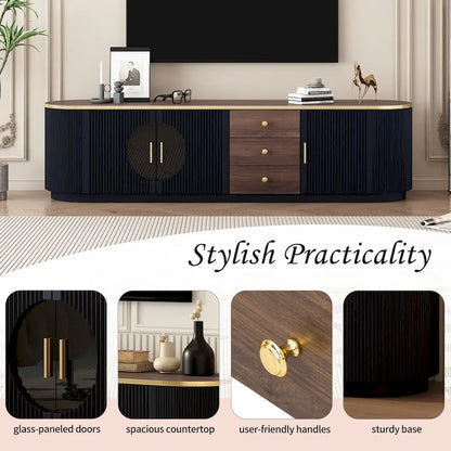 Meuble TV incurvé de 70,8 cm avec 3 tiroirs et 3 portes, meuble TV décoratif pour téléviseurs jusqu'à 80 pouces. Console multimédia.