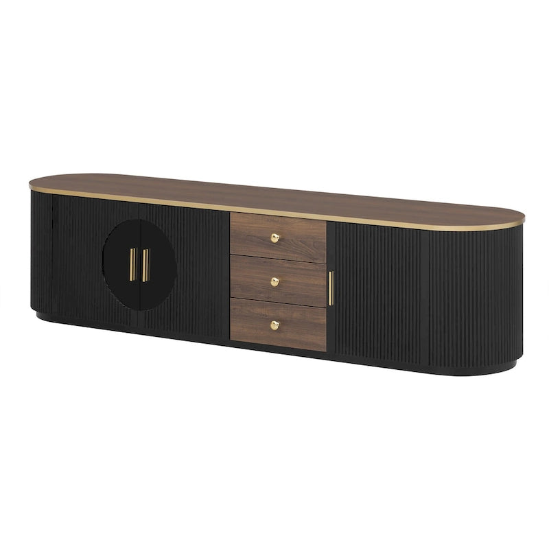 Meuble TV incurvé de 70,8 cm avec 3 tiroirs et 3 portes, meuble TV décoratif pour téléviseurs jusqu'à 80 pouces. Console multimédia.