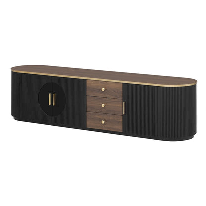Meuble TV incurvé de 70,8 cm avec 3 tiroirs et 3 portes, meuble TV décoratif pour téléviseurs jusqu'à 80 pouces. Console multimédia.