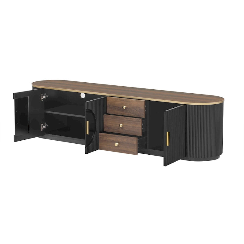 Meuble TV incurvé de 70,8 cm avec 3 tiroirs et 3 portes, meuble TV décoratif pour téléviseurs jusqu'à 80 pouces. Console multimédia.