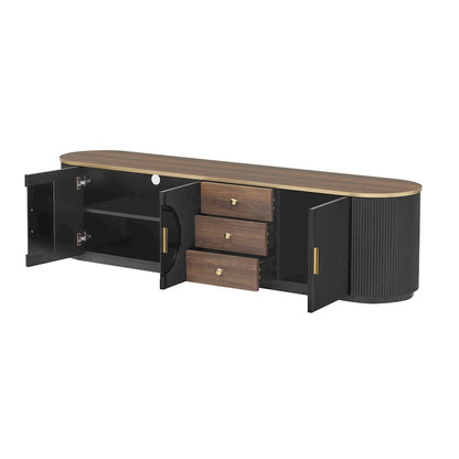 Meuble TV incurvé de 70,8 cm avec 3 tiroirs et 3 portes, meuble TV décoratif pour téléviseurs jusqu'à 80 pouces. Console multimédia.