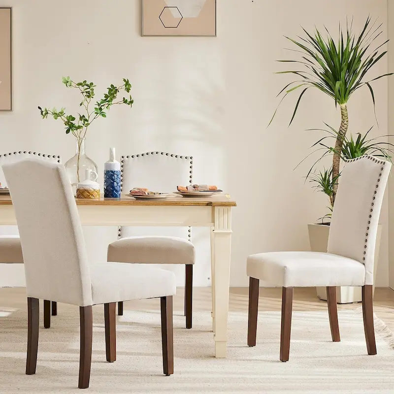Ensemble de 2 chaises de salle à manger rembourrées en cuir marron foncé avec garniture cloutée et pieds en bois pour salle à manger
