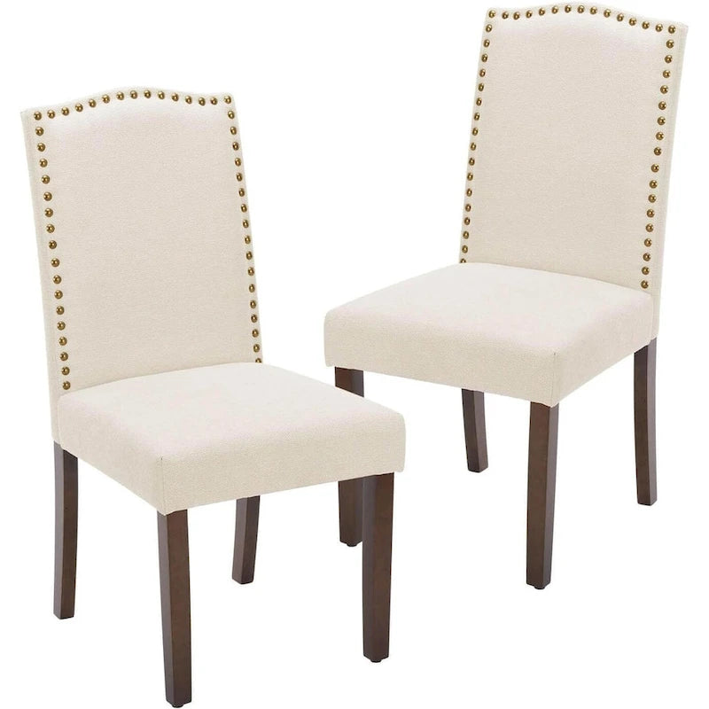 Ensemble de 2 chaises de salle à manger rembourrées en cuir marron foncé avec garniture cloutée et pieds en bois pour salle à manger