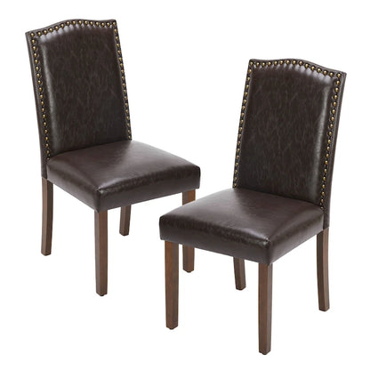 Ensemble de 2 chaises de salle à manger rembourrées en cuir marron foncé avec garniture cloutée et pieds en bois pour salle à manger