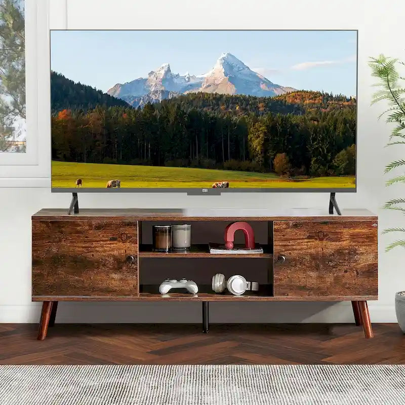 Meuble TV avec rangement pour centre multimédia 50/55/60 pouces, avec 2 placards et étagères