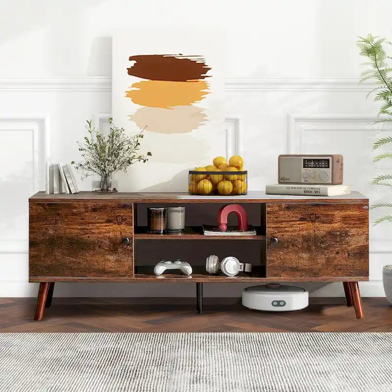 Meuble TV avec rangement pour centre multimédia 50/55/60 pouces, avec 2 placards et étagères