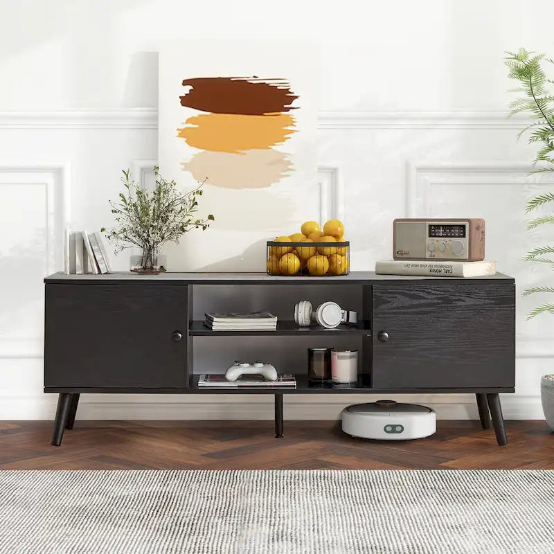 Meuble TV avec rangement pour centre multimédia 50/55/60 pouces, avec 2 placards et étagères