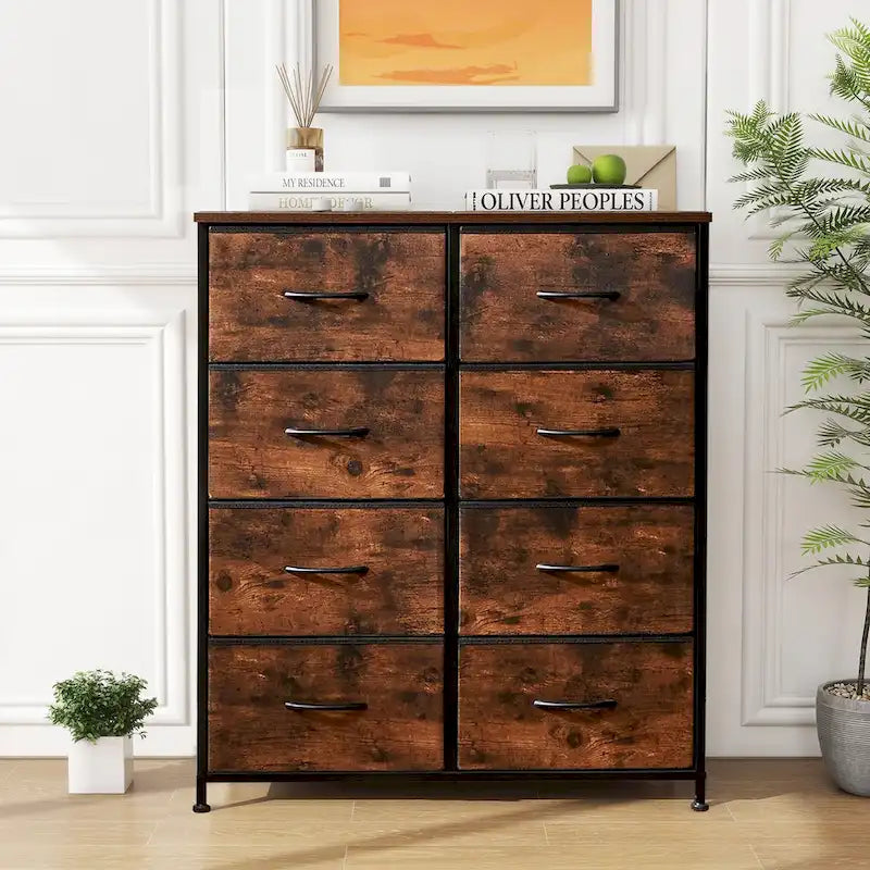 Commode élégante à 8 tiroirs pour chambre à coucher, tour de rangement haute avec plateau en bois