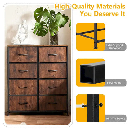 Commode élégante à 8 tiroirs pour chambre à coucher, tour de rangement haute avec plateau en bois