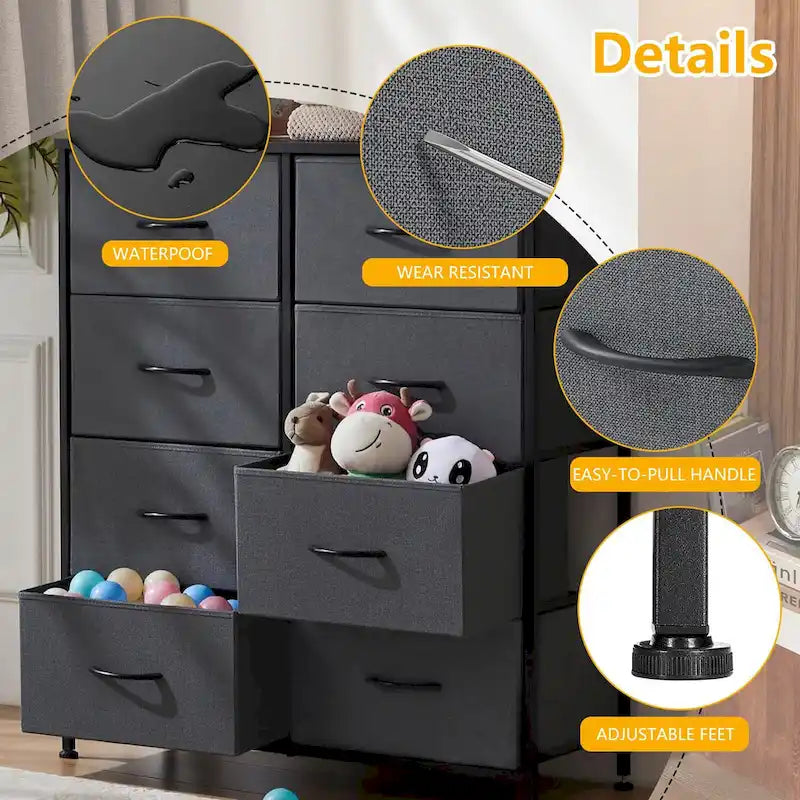 Commode élégante à 8 tiroirs pour chambre à coucher, tour de rangement haute avec plateau en bois