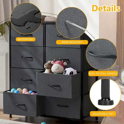 Commode élégante à 8 tiroirs pour chambre à coucher, tour de rangement haute avec plateau en bois